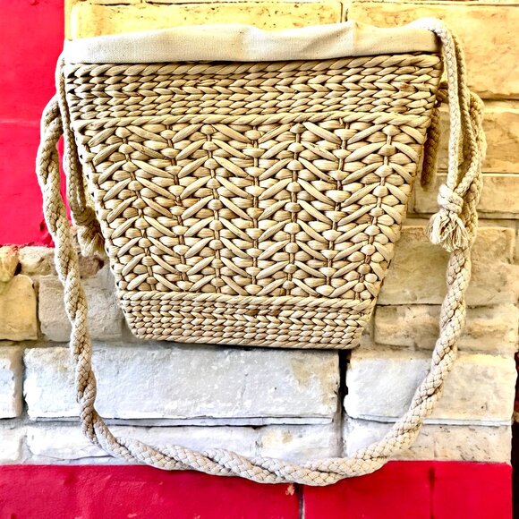Vintage Hong Kong Straw Woven Shoulder Bag Rope Strap Drawstring Closure - Picture 3 of 14
